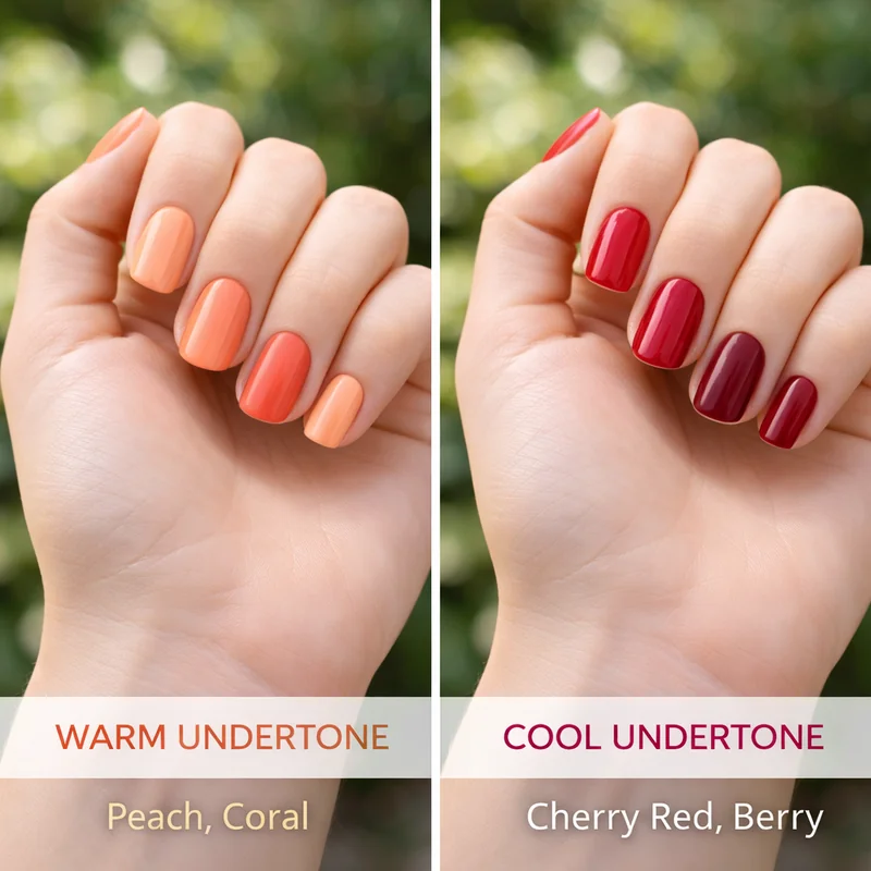 Best nail colors for fair skin showing warm undertone peach and coral versus cool undertone cherry red and berry comparison on very light complexion