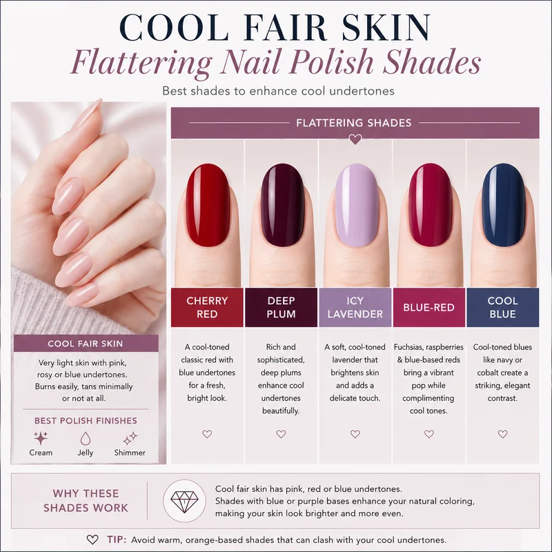 Cool fair skin nail polish swatches showing cherry red deep plum and icy lavender blue-red shades demonstrating how cool undertone shades flatter pale skin