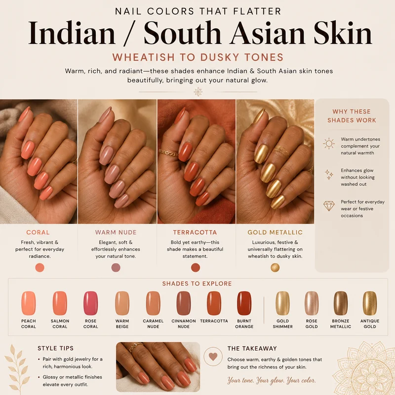 Indian and South Asian wheatish and dusky skin nail colors showing coral warm peachy nude terracotta and gold metallic shades on warm golden brown complexion