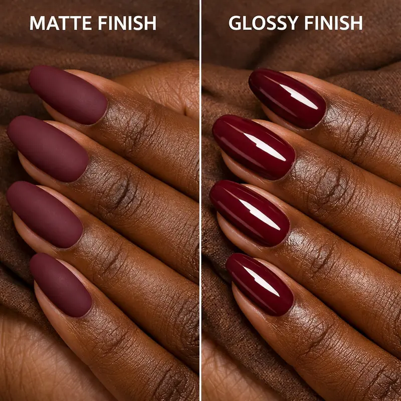 Matte versus gloss nail finish comparison showing same burgundy shade on olive and deep skin tones demonstrating how finish changes colour depth and edge contrast