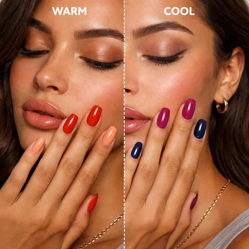 Medium skin undertone comparison showing warm brick red and peach coral shades alongside cool raspberry and navy blue on medium depth complexion hands