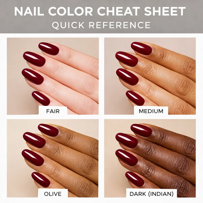 Nail color cheat sheet quick reference showing best and avoid shades across fair medium olive dark and Indian skin tones for easy salon decision making