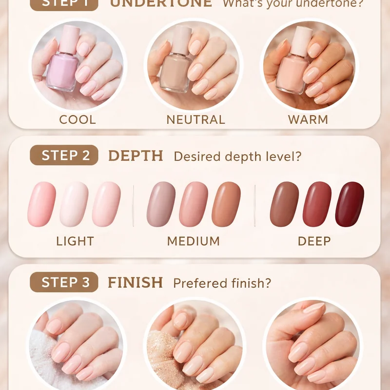 Nail color selection framework visual showing undertone identification depth assessment and finish choice as a three step decision process for every skin tone