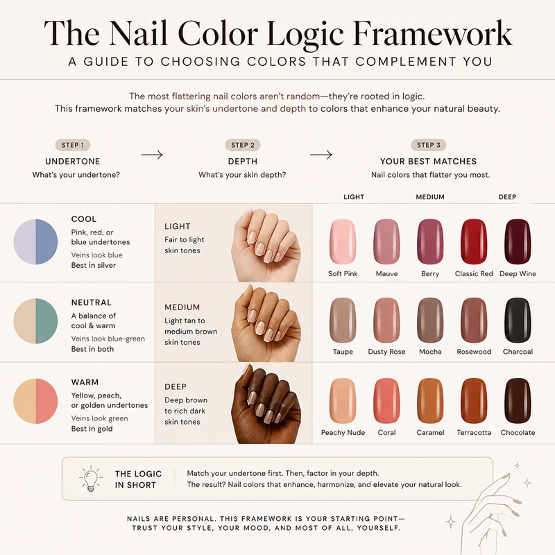 Nail color and skin tone logic framework introduction overview showing undertone depth and finish as the three variables in every flattering shade decision