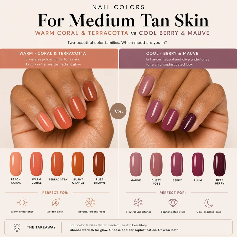 Nail colors for medium and tan skin showing warm coral terracotta swatches alongside cool berry and mauve on medium complexion hands for comparison