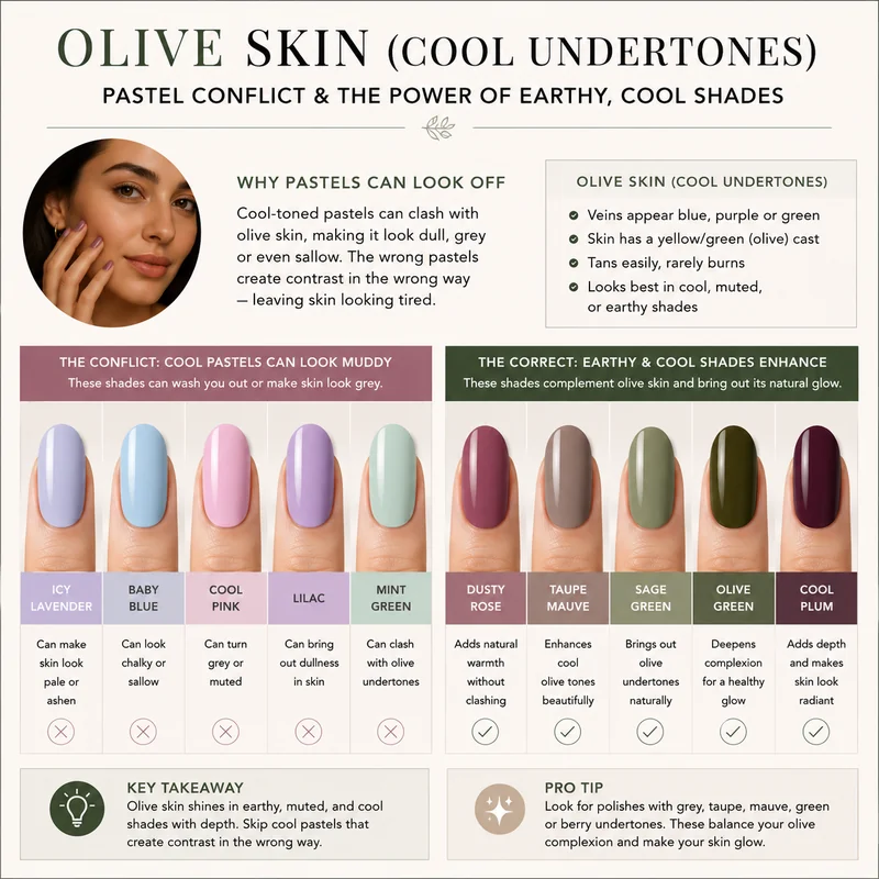 Olive skin cool pastel conflict showing muddy result of icy lavender on olive complexion versus correct earthy warm shade demonstrating undertone alignment