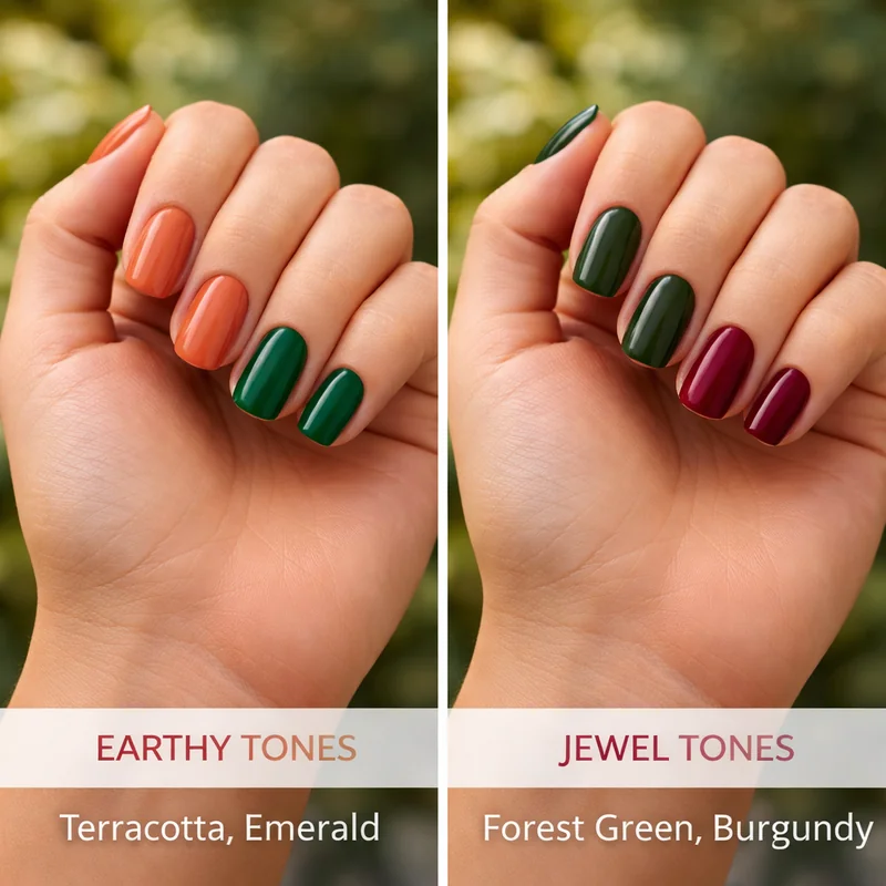 Olive skin nail colors showing terracotta emerald forest green burgundy and jewel tone swatches demonstrating earthy warm palette flattery on olive complexion
