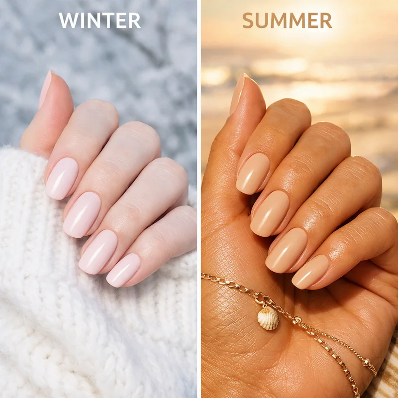 Seasonal skin tone shift showing same hand in winter fair depth versus summer tanned depth with nail color reassessment from light nude to warm caramel
