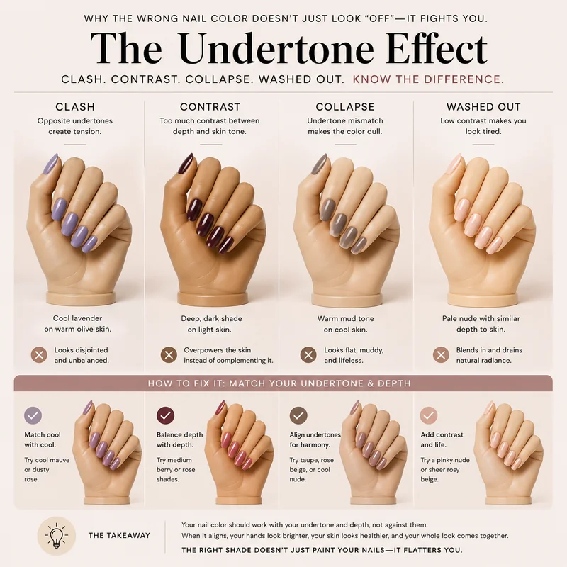 Undertone clash and contrast collapse comparison showing washed out nail polish effect versus correctly matched undertone alignment on medium warm skin tone