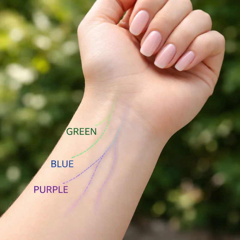 Vein test undertone identification showing inner wrist veins in natural daylight with green indicating warm and blue purple indicating cool undertones