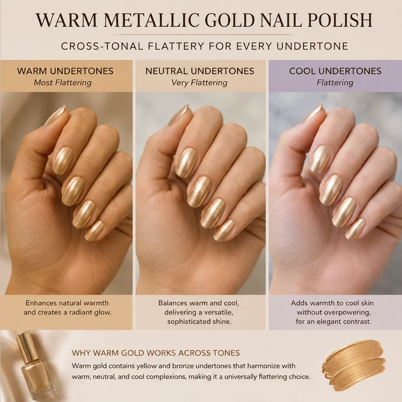 Warm metallic gold nail polish shown on warm neutral and cool undertone hands demonstrating cross tonal flattery as a universally wearable metallic shade