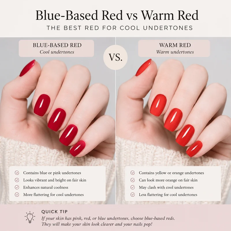 Blue-based red versus warm orange-red nail polish on fair skin hands showing how undertone of the red affects the final result on pale cool skin