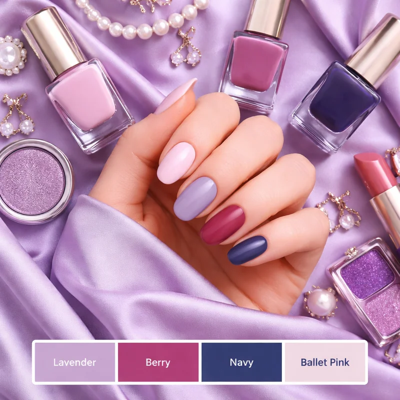 Cool undertone fair skin nail shade palette showing lavender ballet pink deep berry and navy polish swatches on pale porcelain hands