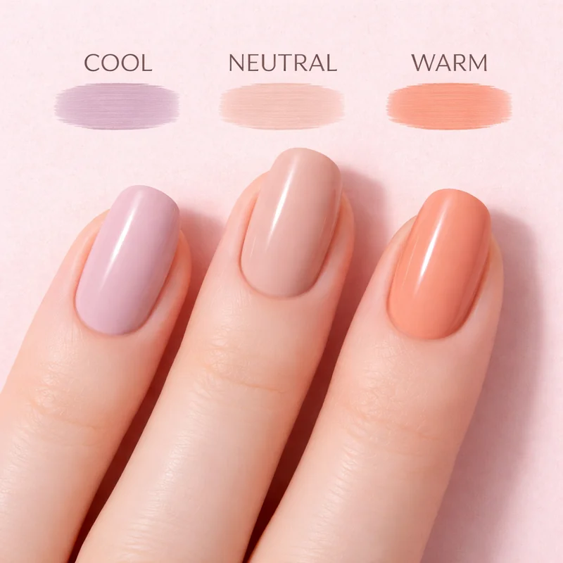 Cool undertone versus warm undertone fair skin nail swatches showing pink lavender versus peachy coral shades side by side on pale hands