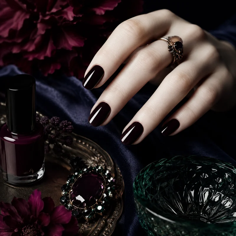 Dark nail polish on pale skin showing burgundy navy deep plum and emerald green on fair hands demonstrating high contrast flattering effect