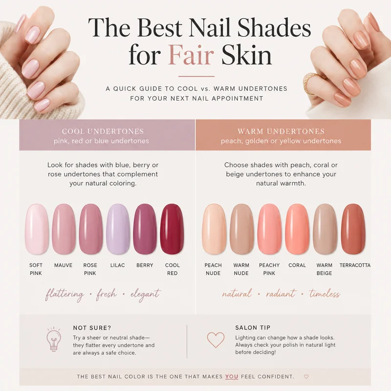 Fair skin nail appointment shade brief guide showing cool and warm undertone reference shades for salon communication on pale porcelain hands