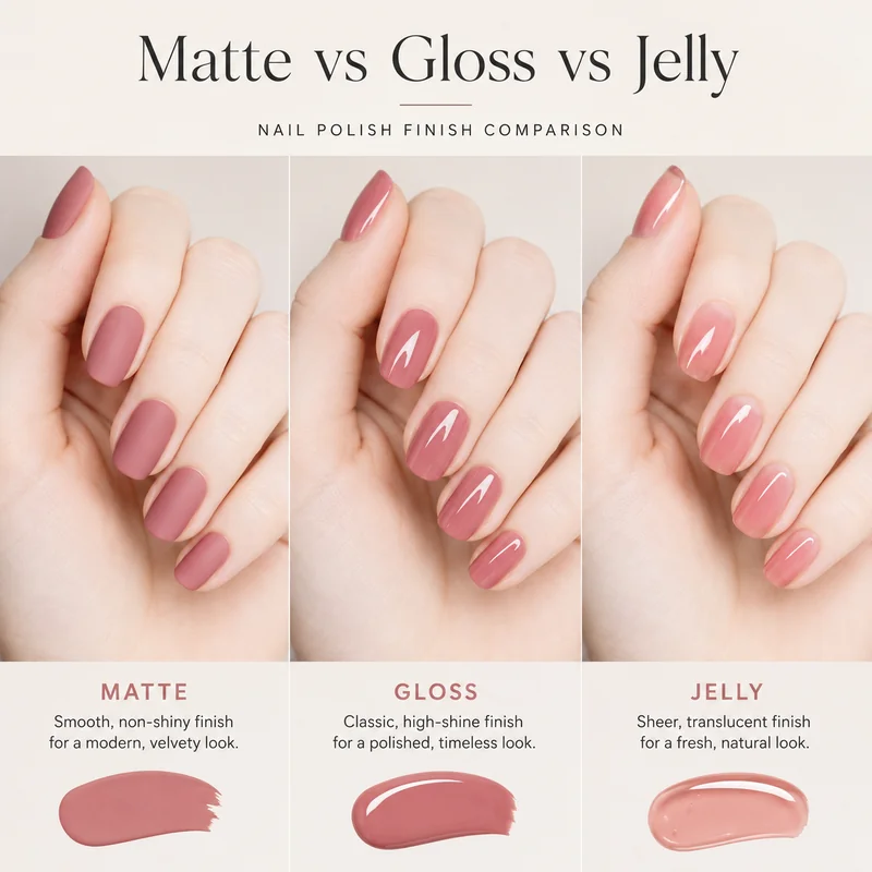 Matte versus gloss versus jelly finish nail polish on fair skin pale hands showing how finish changes vibrancy depth and skin tone interaction