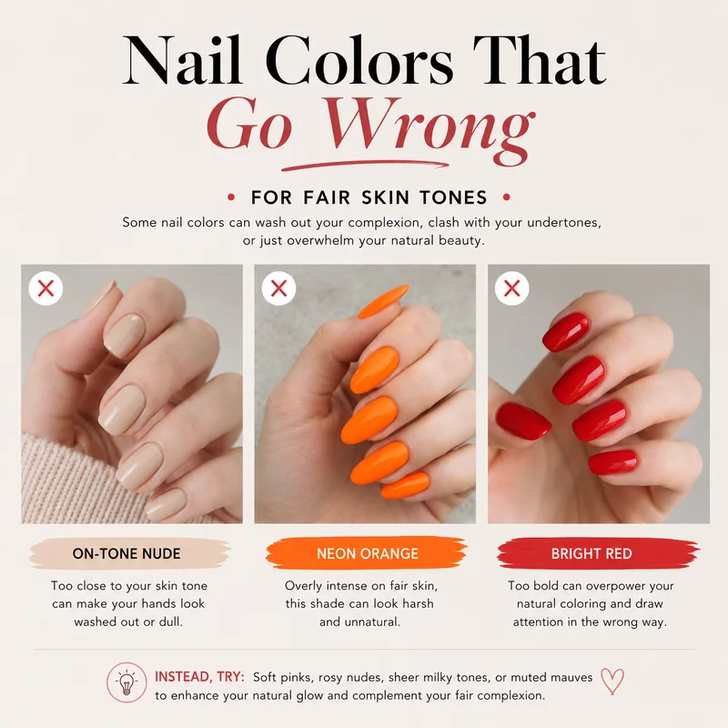 Nail colors that go wrong on fair skin showing tone-on-tone nude disappearing neon orange-red mismatch and icy white pallor on pale hands