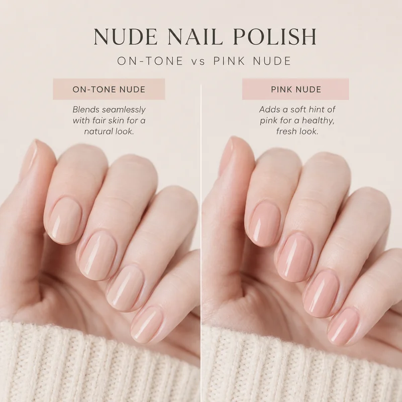 Nude nail polish comparison on fair skin showing tone-on-tone beige disappearing effect versus pink-toned nude with visible definition on pale hand