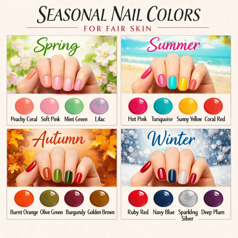 Seasonal nail color guide for fair skin showing spring pastel summer coral autumn burgundy and winter jewel tones on pale hands across four seasons