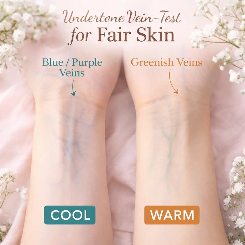 Undertone vein test on fair skin wrist in natural light showing blue purple veins for cool undertone and greenish veins for warm undertone