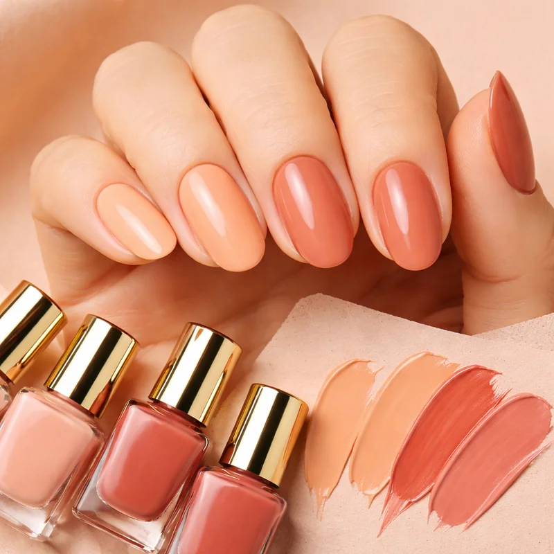 Warm undertone fair skin nail shade palette showing peachy nude coral terracotta and warm rose swatches on cream pale skin hands