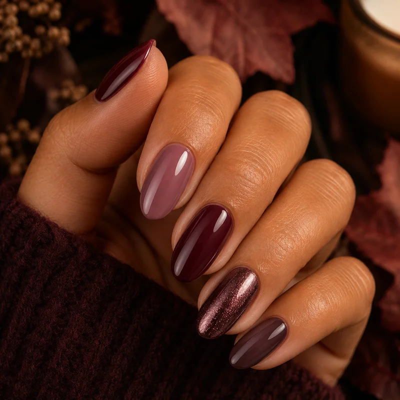 Autumn winter deep burgundy dusty mauve earthy jewel tone nails on medium warm complexion rich seasonal colour depth contrast