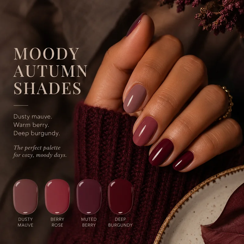 Dusty mauve berry and burgundy nail polish on warm medium complexion moody autumn shades rich warm undertone contrast depth