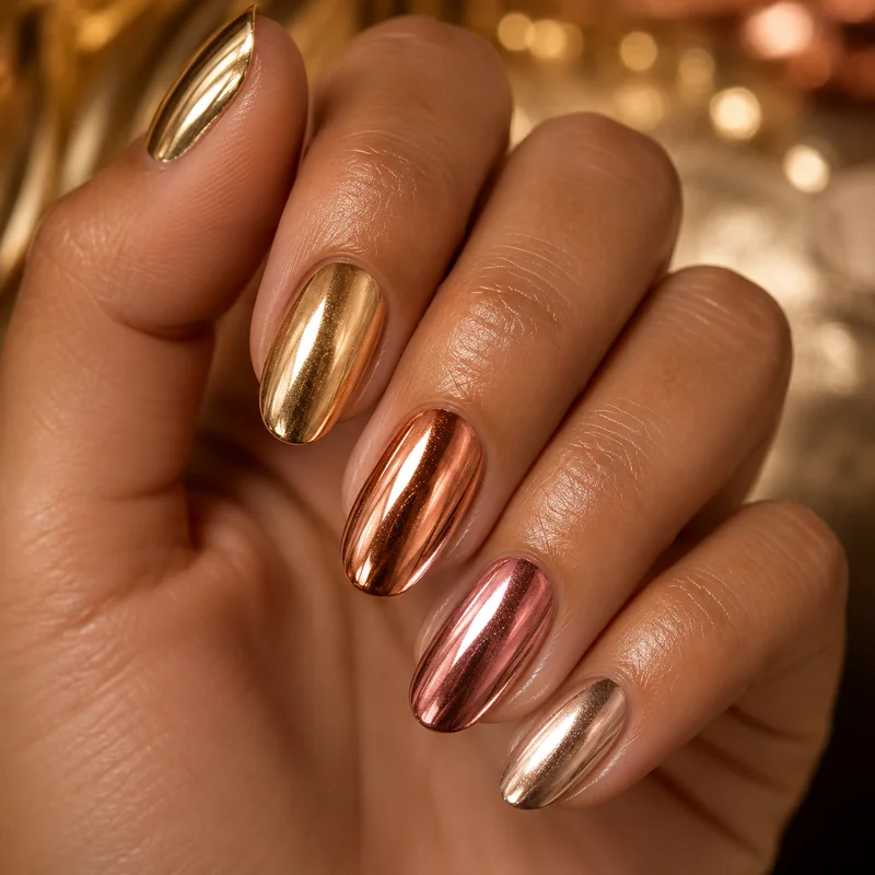 Gold bronze and rose gold metallic nail polish on medium tan skin warm luminous chrome finish rich colour depth sun-kissed