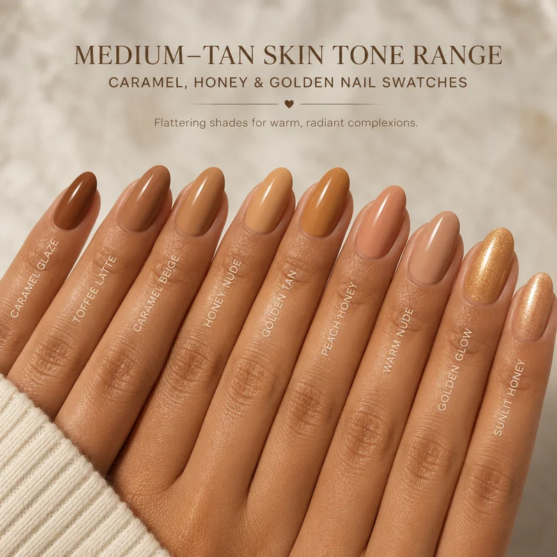 Medium tan skin tone range showing caramel honey golden warm complexion variations with nail colour swatches applied on hands