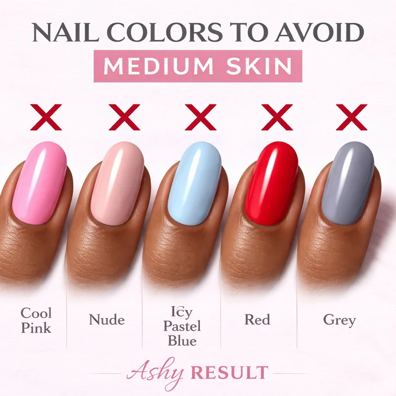 Nail colors to avoid on medium skin cool pink nude icy pastel blue-based red appearing grey ashy washed out on caramel skin