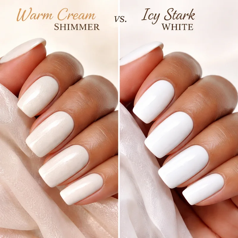 Pastels and white nail polish on medium skin comparing warm cream shimmer finish versus icy stark white flattering on tan