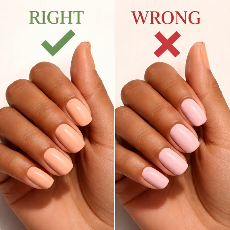 Right versus wrong nude nail polish on medium caramel skin peachy buff warm beige flattering versus cool pink chalky grey