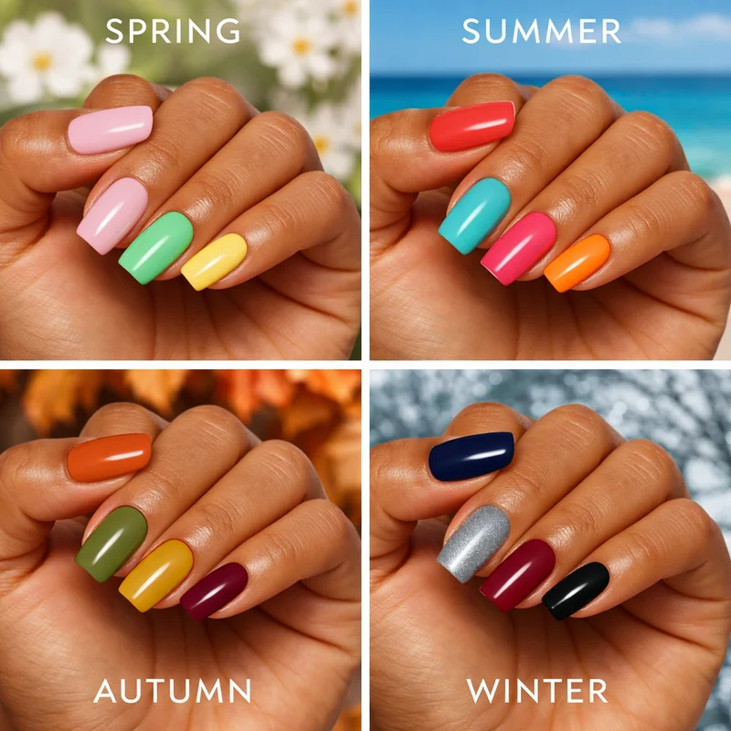 Seasonal nail colors for medium skin spring summer autumn winter palette guide tan caramel and sun-kissed complexion shades