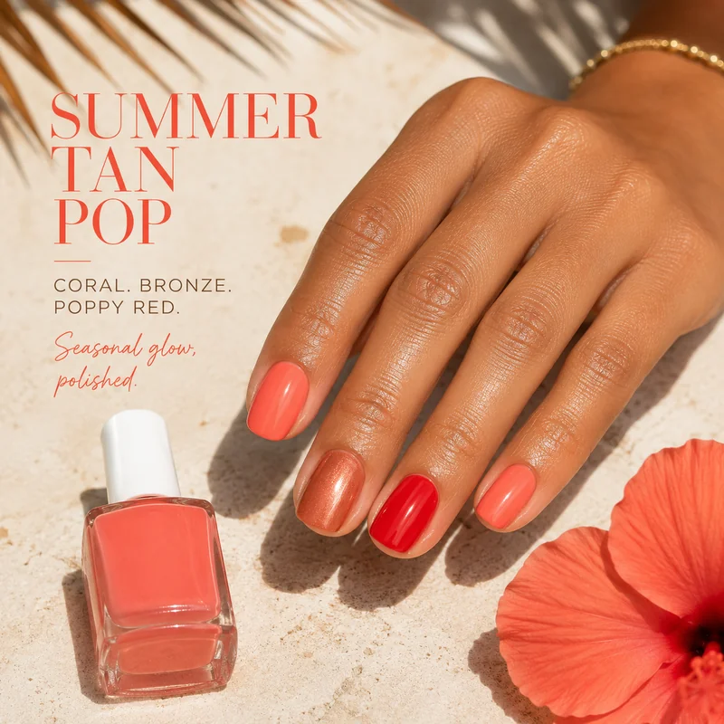 Summer tan pop nail colors vibrant coral bronze and poppy red polish on medium tan skin with seasonal golden glow contrast
