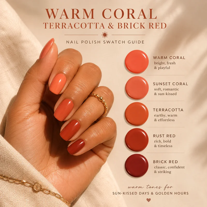 Warm coral terracotta brick red nail polish swatches on sun-kissed tan skin showing vibrant colour contrast and warm glow