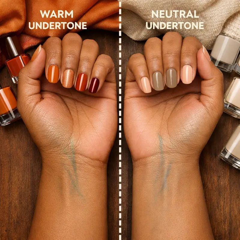 Warm versus neutral undertone medium skin nail colour comparison caramel wrist vein test showing flattering shade pairings
