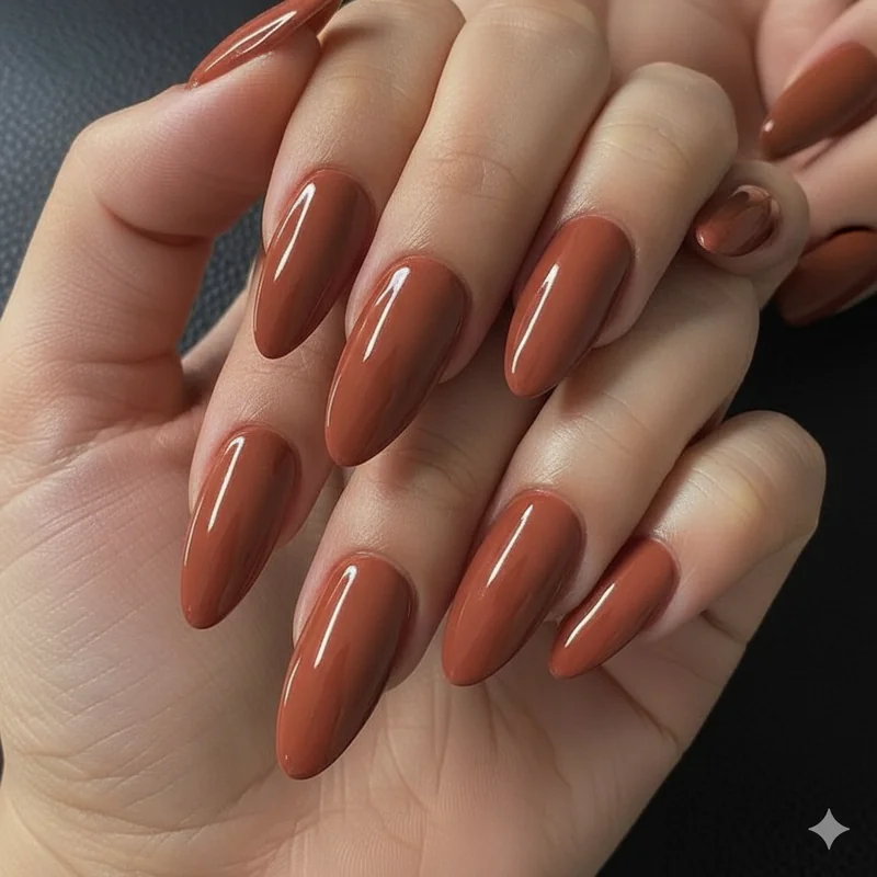 Deep terracotta burnt sienna and rust earth tone nail colours on olive skin showing how saturation depth prevents blending