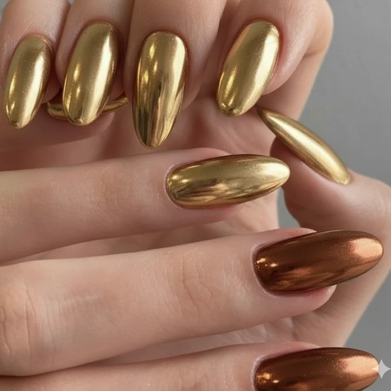 Gold chrome and bronze metallic nail polish on olive skin in 2026 mirror finish showing warm luminous glow effect