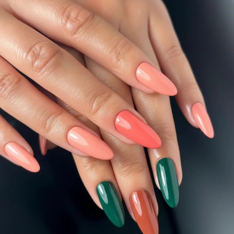 Seasonal nail colour guide for olive skin showing spring pastels summer gold autumn burgundy and winter jewel tones