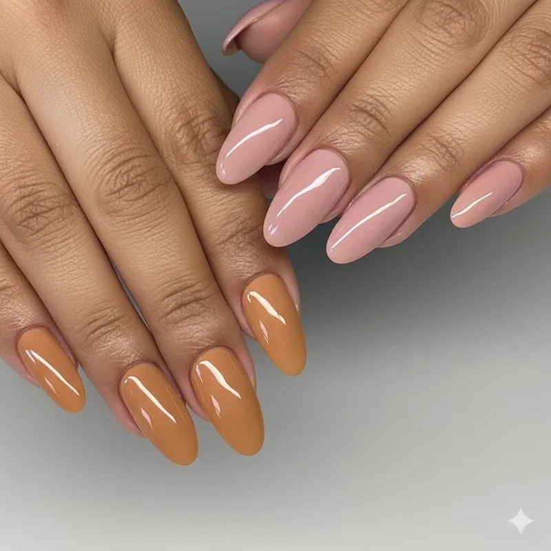 Warm nude nail polish on olive skin comparing honey caramel and toffee tones against grey chalky pink nude shades