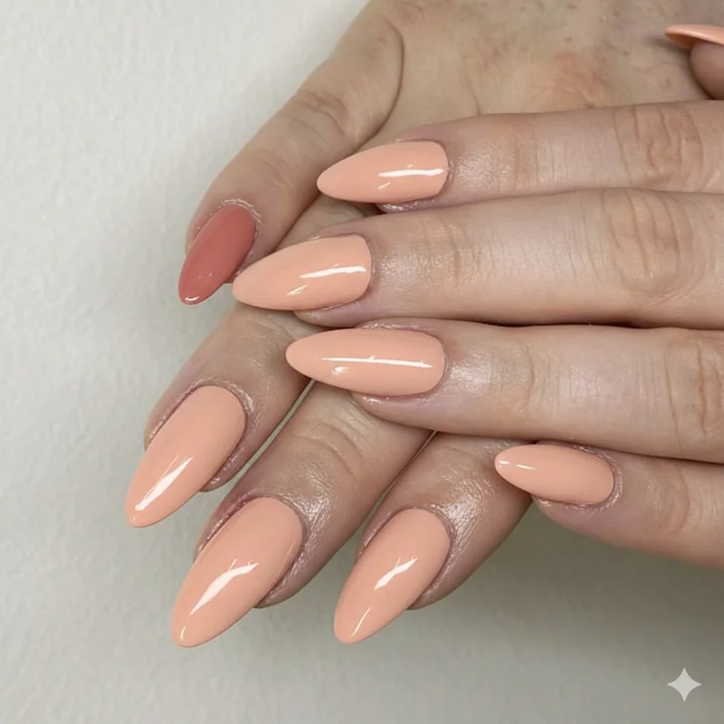 Warm pastel nail colors for olive skin showing peach dusty terracotta and warm lavender swatches that avoid grey cast