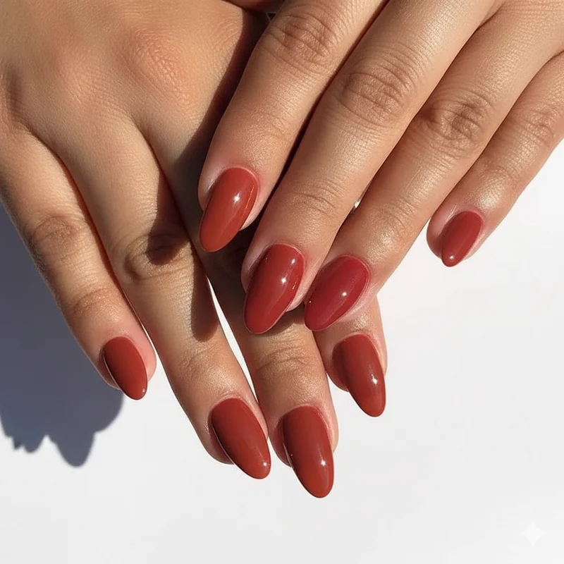 Warm versus cool red nail polish on olive skin comparing brick and tomato reds against cherry cranberry and wine tones