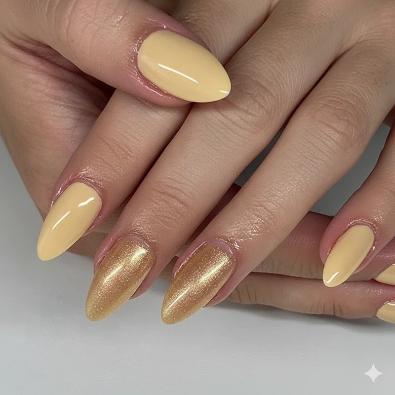Butter yellow champagne and pale gold nail swatches on fair freckled redhead skin showing warm harmony with copper hair