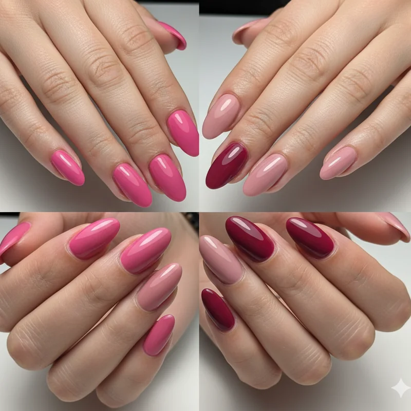 Hot pink dusty rose berry pink and pale pastel nail comparison on fair redhead skin showing which pinks work