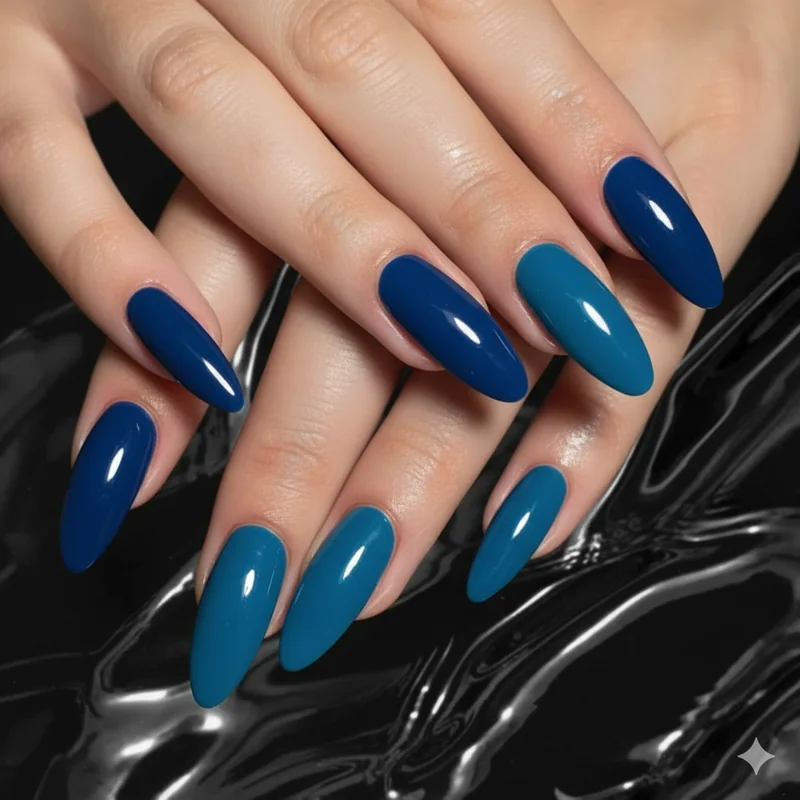 Navy cobalt teal and sky blue nail swatches against fair redhead skin showing cool contrast with ginger copper hair