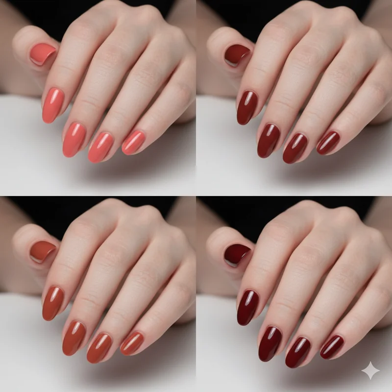 Four redhead hair shades from strawberry blonde to deep auburn beside nail color palette recommendations for each