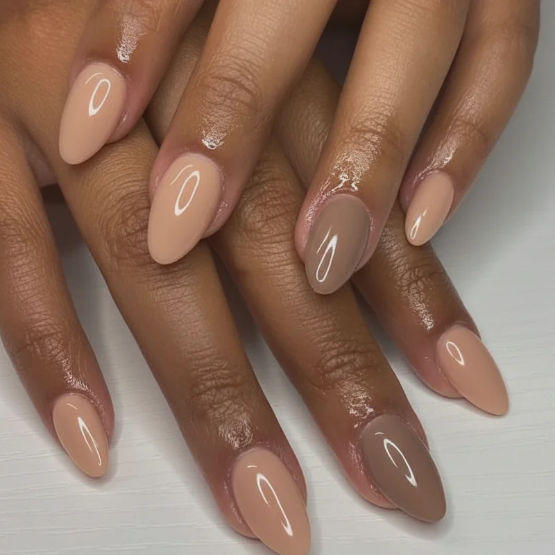 Warm nude taupe off-white and soap nail swatches on fair redhead skin showing neutrals that work versus skin-match