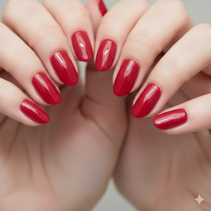 Classic blue-based red nail polish shown across fair medium and deep skin tones demonstrating complementary contrast and universal flattering effect