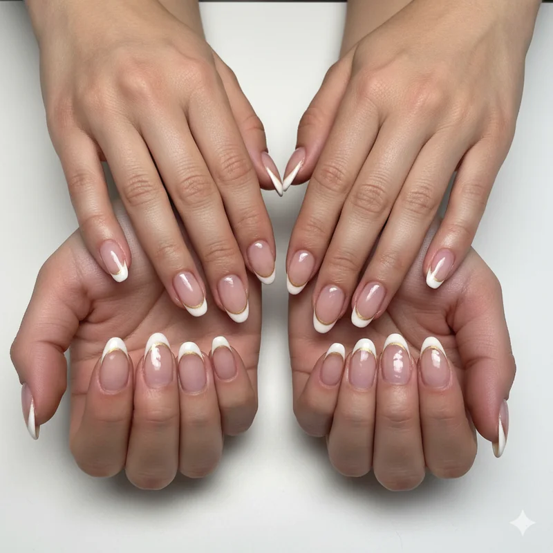 French manicure with champagne tip and milky pink base showing elongating universal skin tone effect on multiple complexions in editorial context